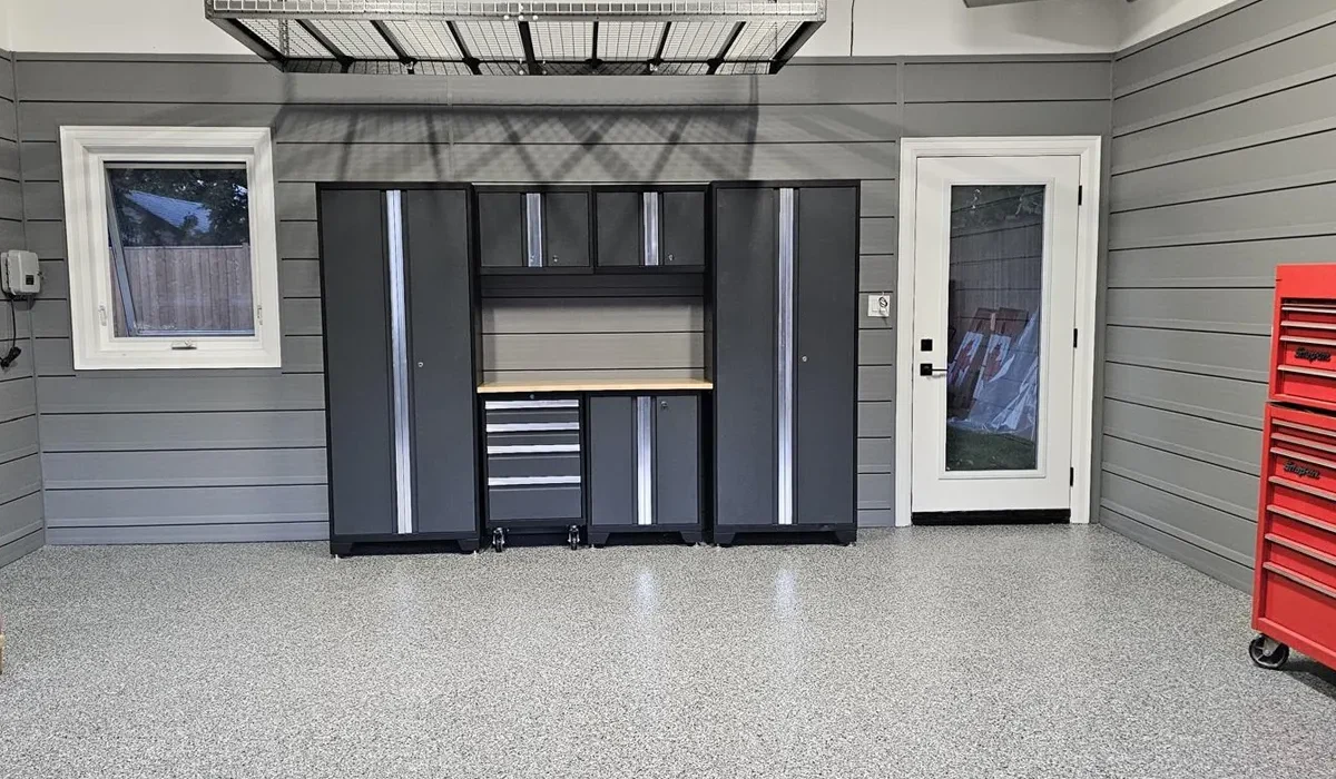 organized garage with wall storage and tool organization system