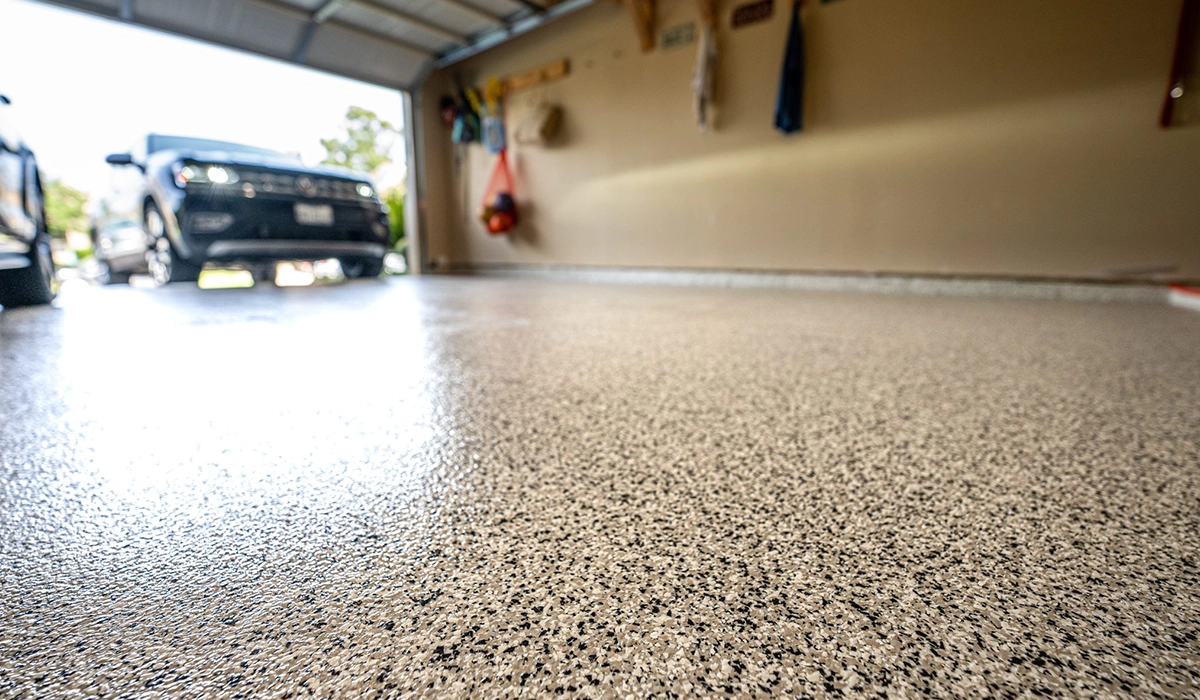 Garage flake flooring in residential home